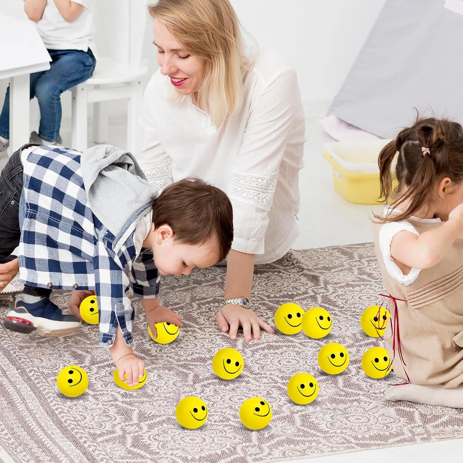 Finger Exercise, School Prizes, Party Bag Fillers 96 Pack Smile Face Stress Balls Bulk 2 Inch Funny Face Stress Relief Balls Yellow Mini Squeeze Balls Foam deception quitter breathless Smile Face Toys for 