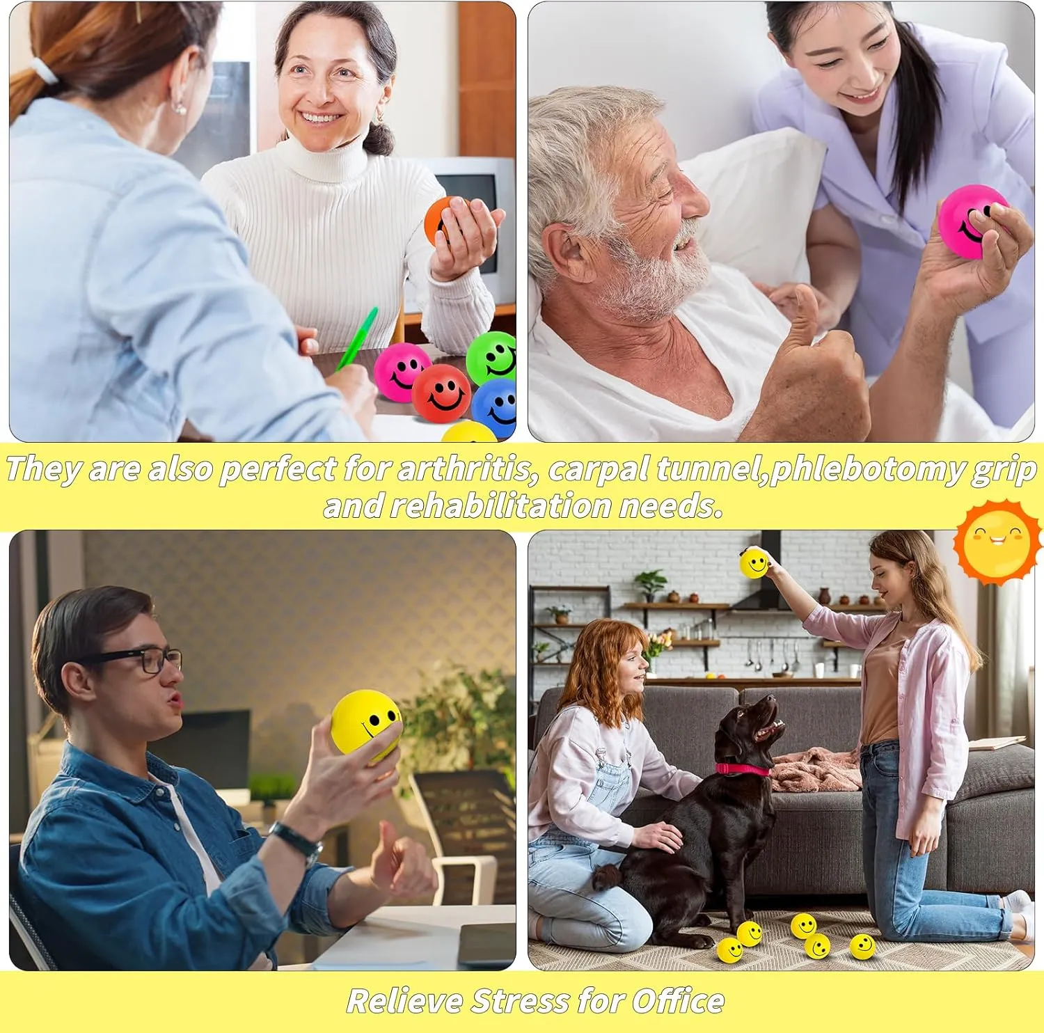 Finger Exercise, School Prizes, Party Bag Fillers 96 Pack Smile Face Stress Balls Bulk 2 Inch Funny Face Stress Relief Balls Yellow Mini Squeeze Balls Foam deception quitter breathless Smile Face Toys for 