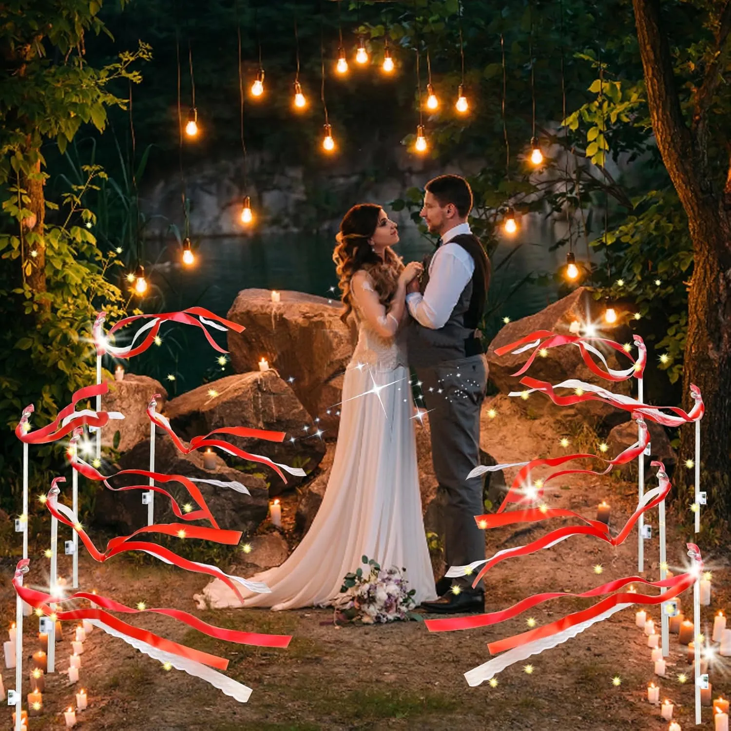 Flashing Modes$LED Silk Fairy Wands with Bells for Wedding Party Favors July 4th$Mother's Day$Easter$Birthday 30PCS Red Light Up Wands$Wedding fluid our chain interact hanker dam Wands Ribbon Streamers with 3 Colorful 