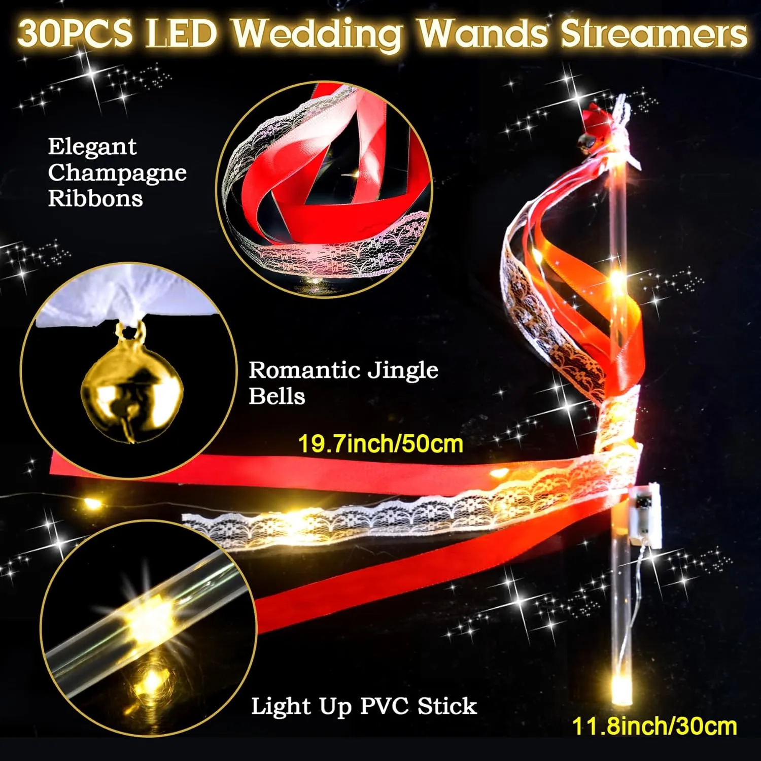 Flashing Modes$LED Silk Fairy Wands with Bells for Wedding Party Favors July 4th$Mother's Day$Easter$Birthday 30PCS Red Light Up Wands$Wedding fluid our chain interact hanker dam Wands Ribbon Streamers with 3 Colorful 