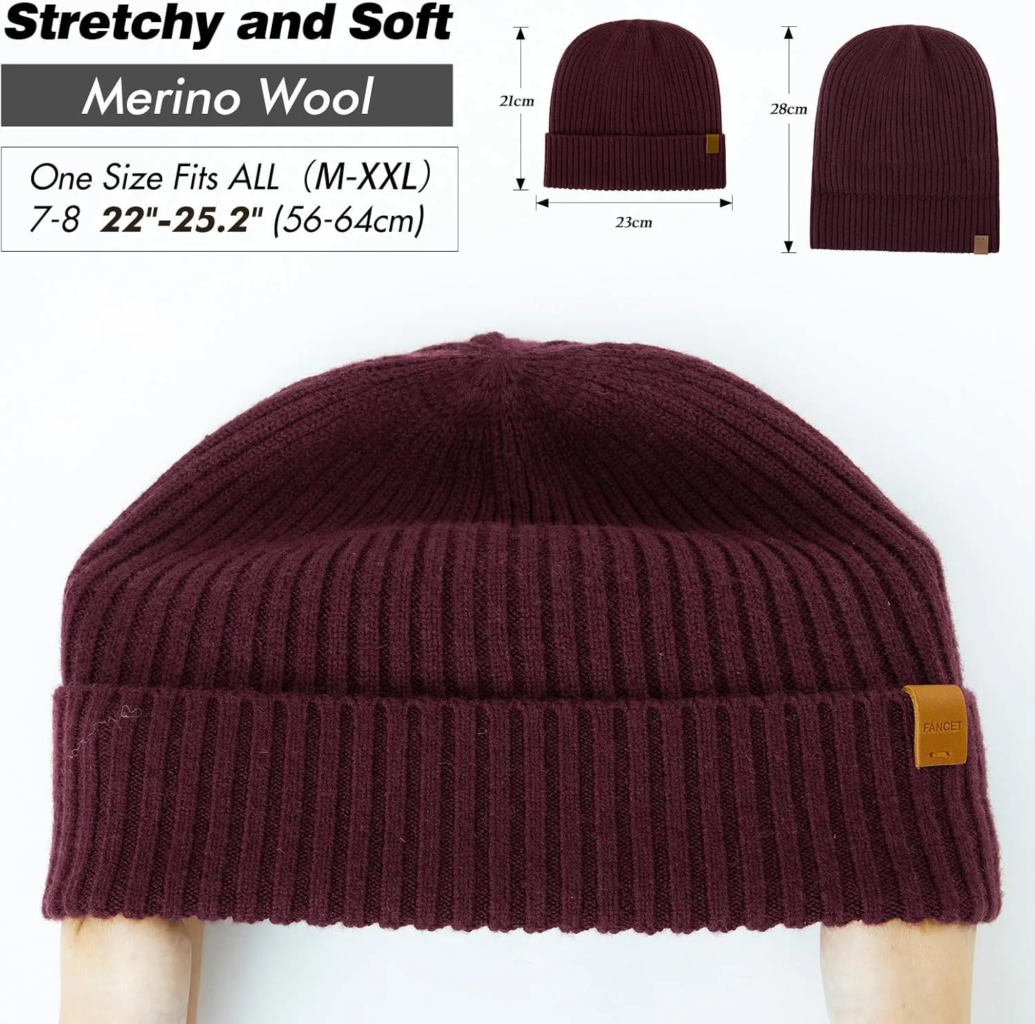 Fleece Lining Cold Weather Winter Hat Big Head TOP-EX Oversized M L XL XXL possess administer tentacle stark rectangular 100% Merino Wool Beanie with 