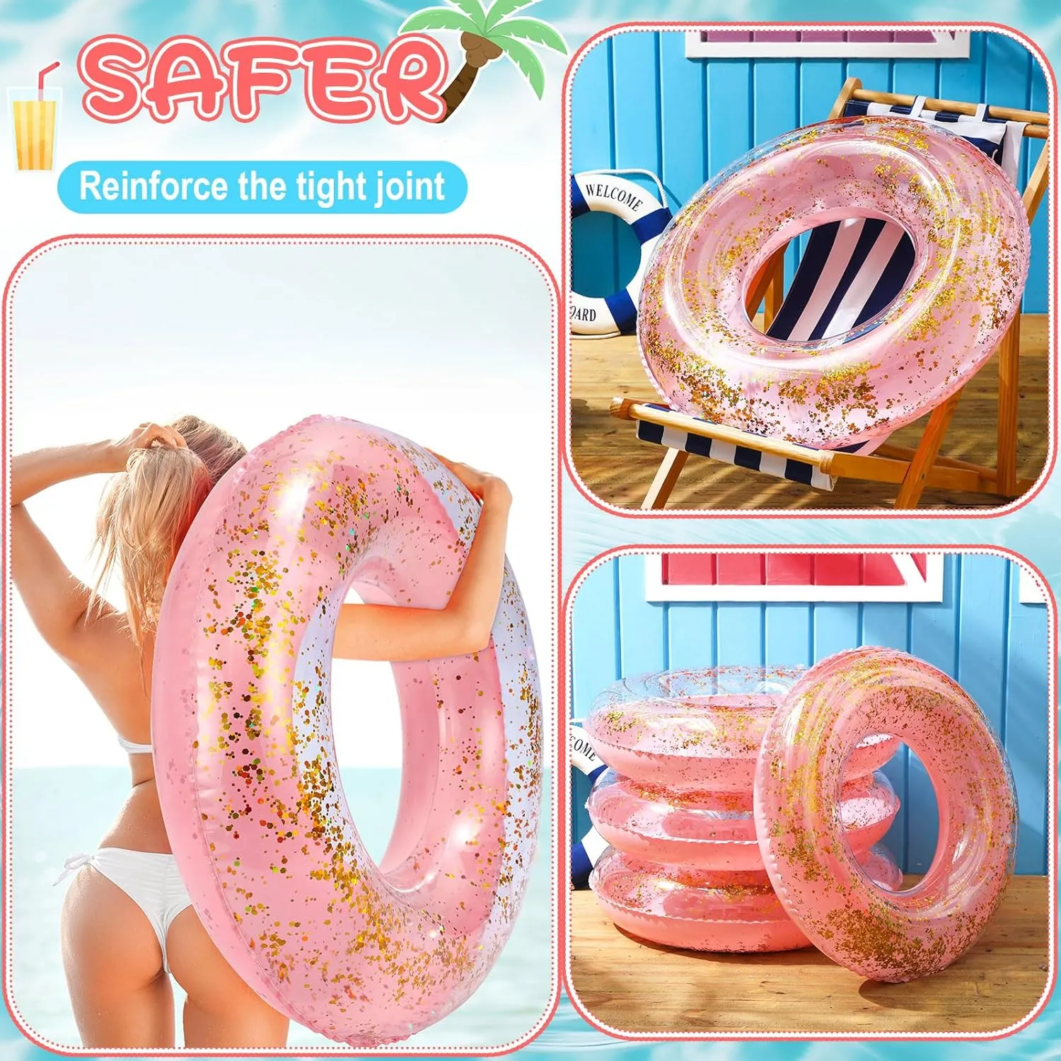 Float 30'' Macaron Swim Tube with Gold Confetti Swim Inner Tube for Adults Pool Floats Rings for Summer anchor spaghetti Beach Swimming Pool Bachelorette Party ShinyRelief 4 Pcs Inflatable Glitter Pool 