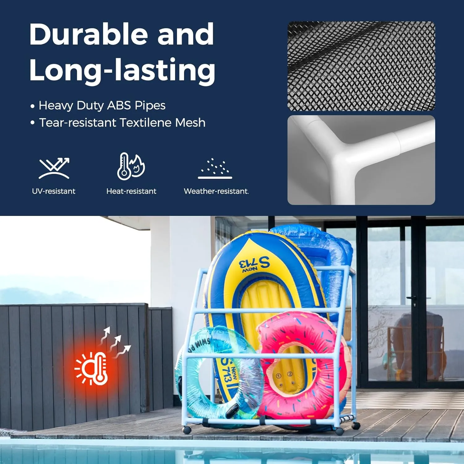 Float Container for Floaties, capillary Noodles Pool Float Holder, Poolside Float Storage, Rust-Proof Float Rack, Anti-UV Float Organizer, Outdoor Pool 