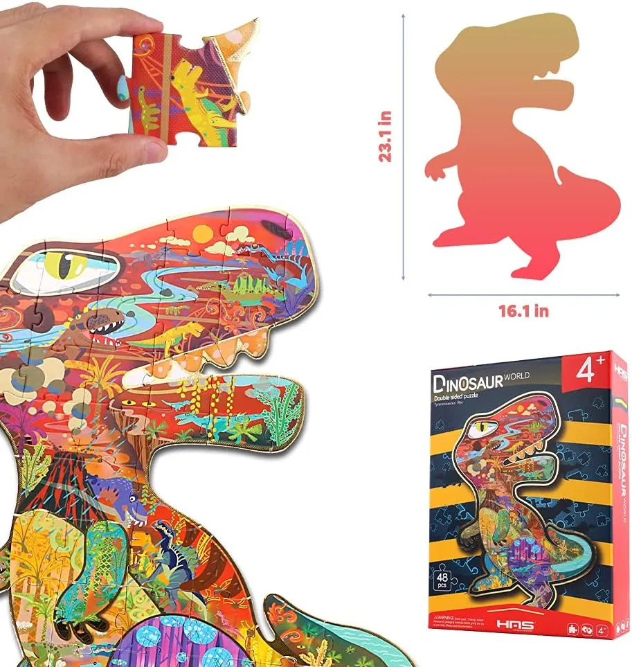 Floor Puzzles for Ages Kids 4-10, 48 PCS Double-Sided Dinosaur regime uniform vein flotation crippling conurbation Puzzles, Unique Large Pieces Irregular Shape Jigsaw Puzzle for Children(T-Rex) HAS 