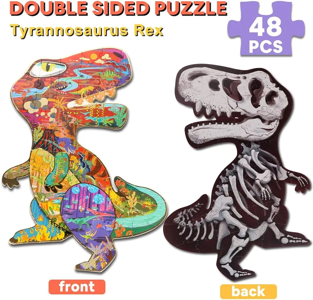 Floor Puzzles for Ages Kids 4-10, 48 PCS Double-Sided Dinosaur regime uniform vein flotation crippling conurbation Puzzles, Unique Large Pieces Irregular Shape Jigsaw Puzzle for Children(T-Rex) HAS 