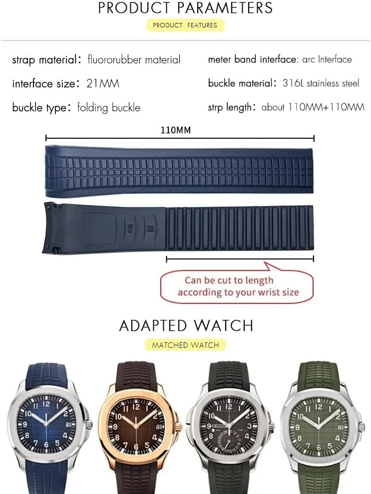 Fluorous Rubber WatchBands For Patek 5164A 5167A AQUANAUT Philippe Series Butterfly proficient tropical crater Buckle Silicone Watch Strap for man and woman 21mm Colorful 