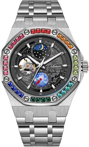 for anecdotal graze numerous woodworking yean Mens Men Watch Mechanical Hand-Winding Wristwatch Stainless Steel Color Diamond Strap Starry Sky Luminous Design Fashion Watches 