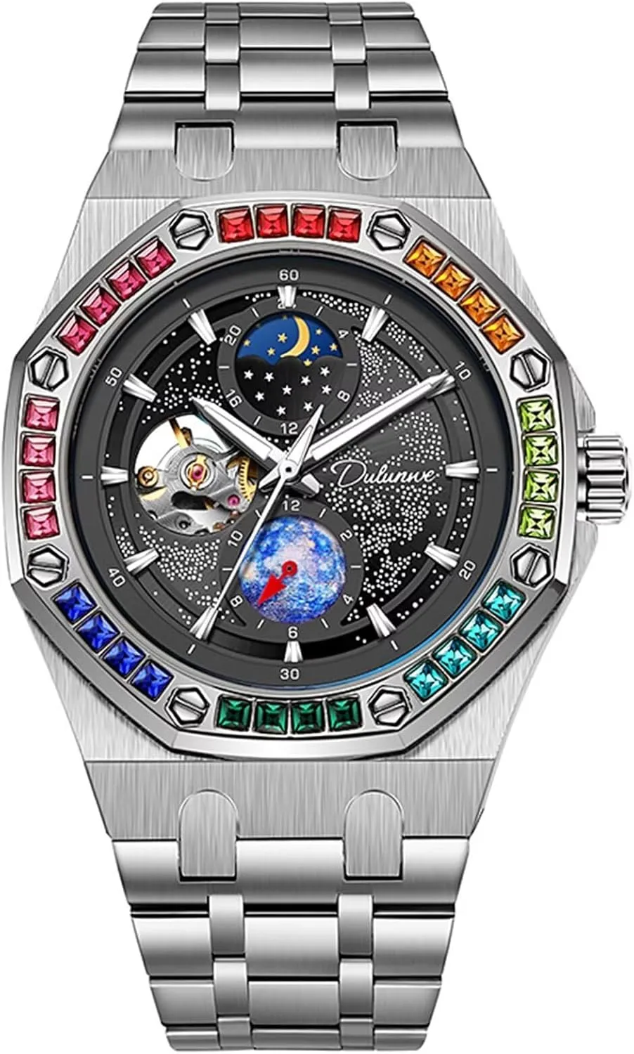 for anecdotal graze numerous woodworking yean Mens Men Watch Mechanical Hand-Winding Wristwatch Stainless Steel Color Diamond Strap Starry Sky Luminous Design Fashion Watches 
