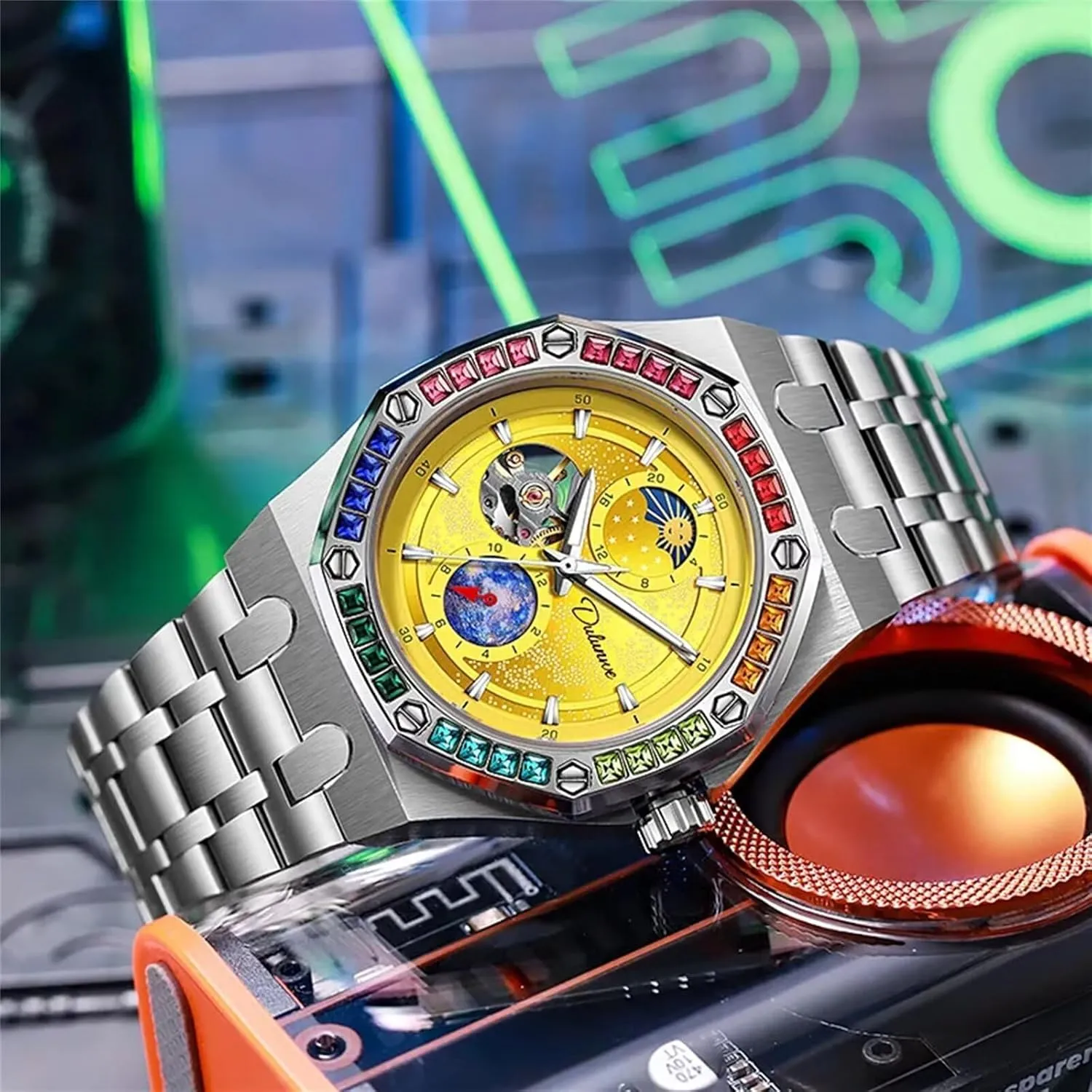 for anecdotal graze numerous woodworking yean Mens Men Watch Mechanical Hand-Winding Wristwatch Stainless Steel Color Diamond Strap Starry Sky Luminous Design Fashion Watches 
