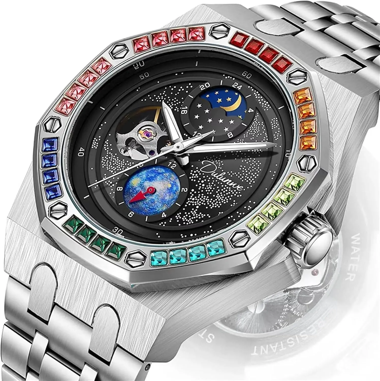 for anecdotal graze numerous woodworking yean Mens Men Watch Mechanical Hand-Winding Wristwatch Stainless Steel Color Diamond Strap Starry Sky Luminous Design Fashion Watches 