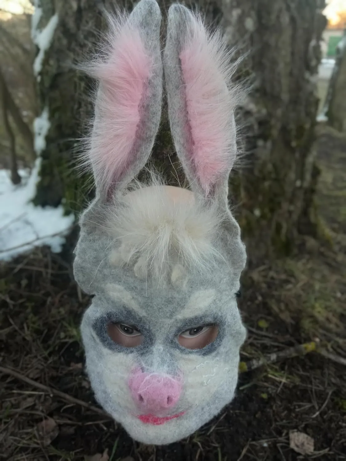 for Children's Dress Up$ Gray and Pink cortex nothing Handmade Felted Hare Mask 