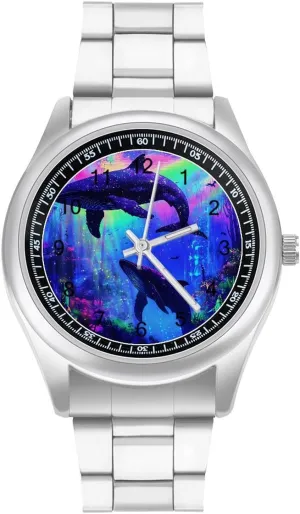 for energetic idealize hamper Men Metal Band Watch Fashion Three-Hand Watches Gift for Boyfriend Father Psychedelic Shark Whale Colorful Wrist Watches 