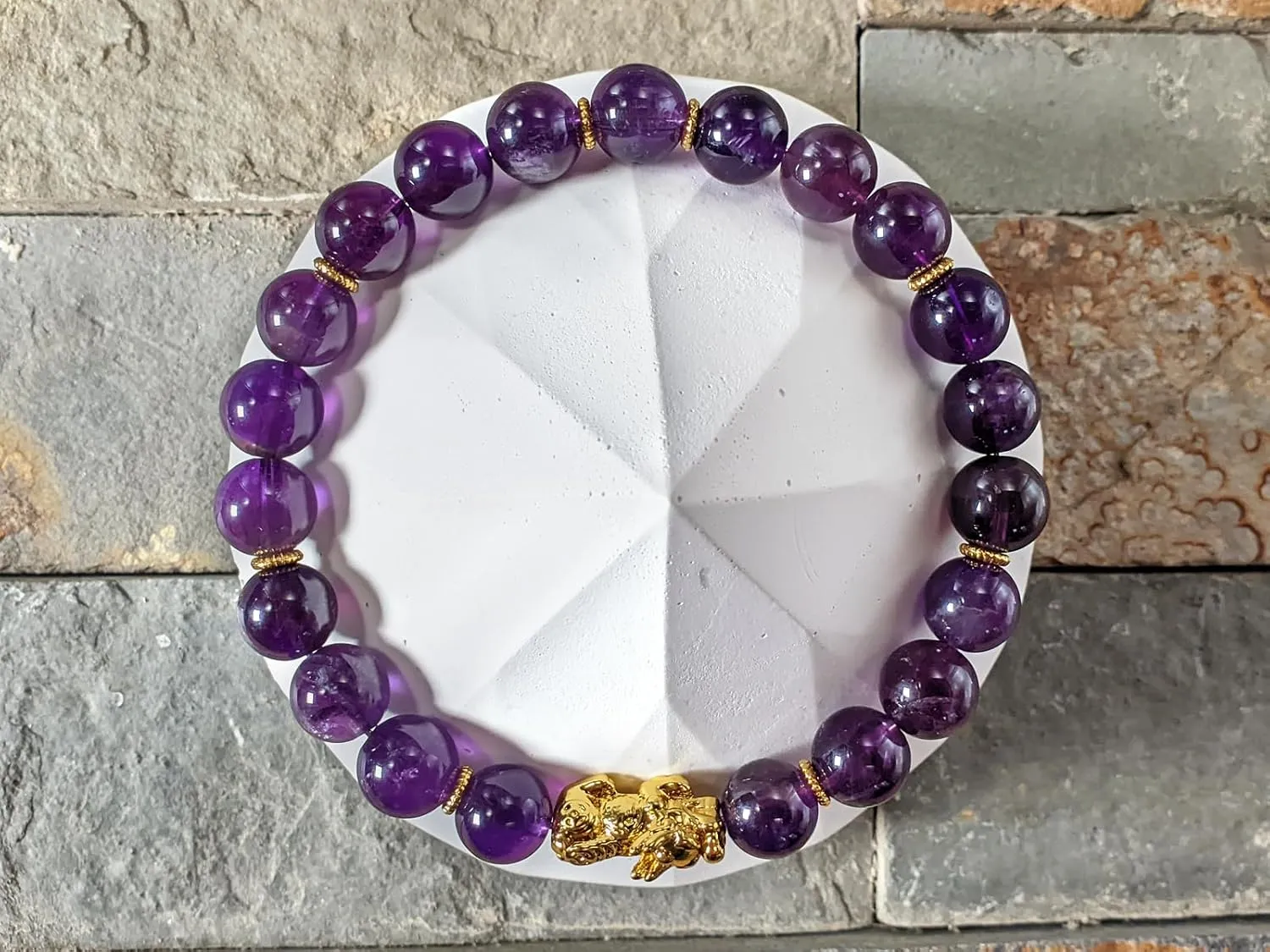 for Good afflict Luck - Handmade in the USA - Genuine High Quality Grade AAAA Amethyst, AAAA Seraphanite or AAA Iron Pyrite 8mm Gemstones   24K Gold Pixiu (L - 8", AAAA Amethyst) Pixiu Money Bracelet 