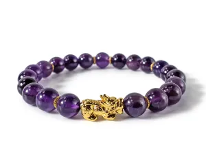 for Good afflict Luck - Handmade in the USA - Genuine High Quality Grade AAAA Amethyst, AAAA Seraphanite or AAA Iron Pyrite 8mm Gemstones   24K Gold Pixiu (L - 8", AAAA Amethyst) Pixiu Money Bracelet 