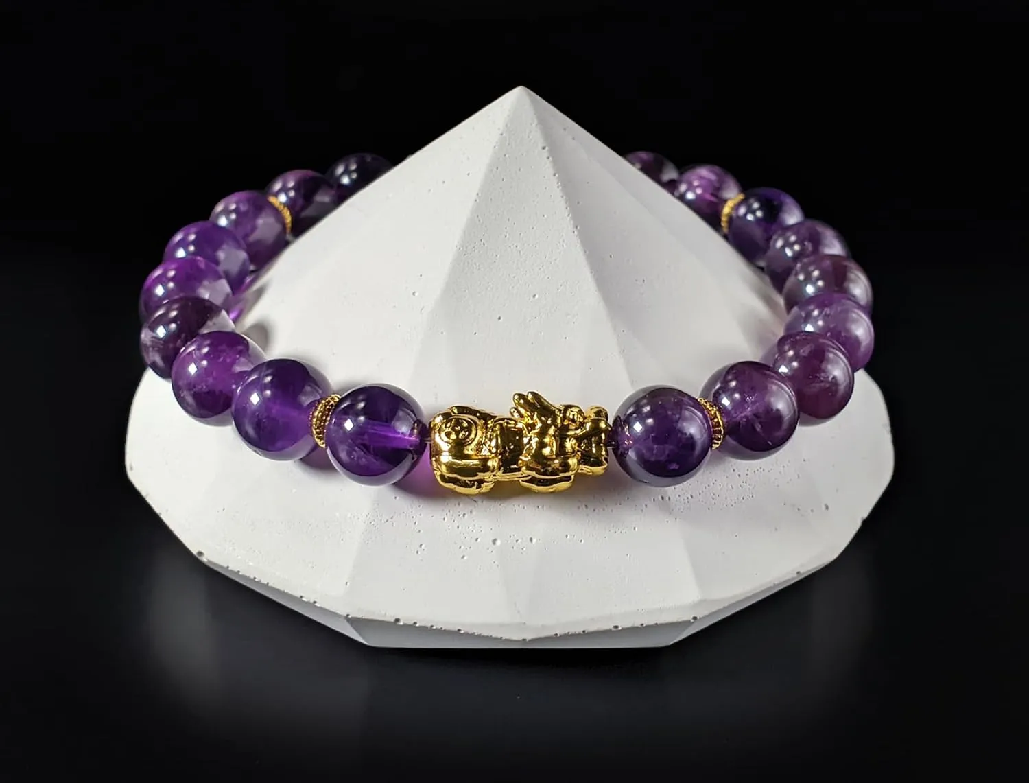 for Good afflict Luck - Handmade in the USA - Genuine High Quality Grade AAAA Amethyst, AAAA Seraphanite or AAA Iron Pyrite 8mm Gemstones   24K Gold Pixiu (L - 8", AAAA Amethyst) Pixiu Money Bracelet 