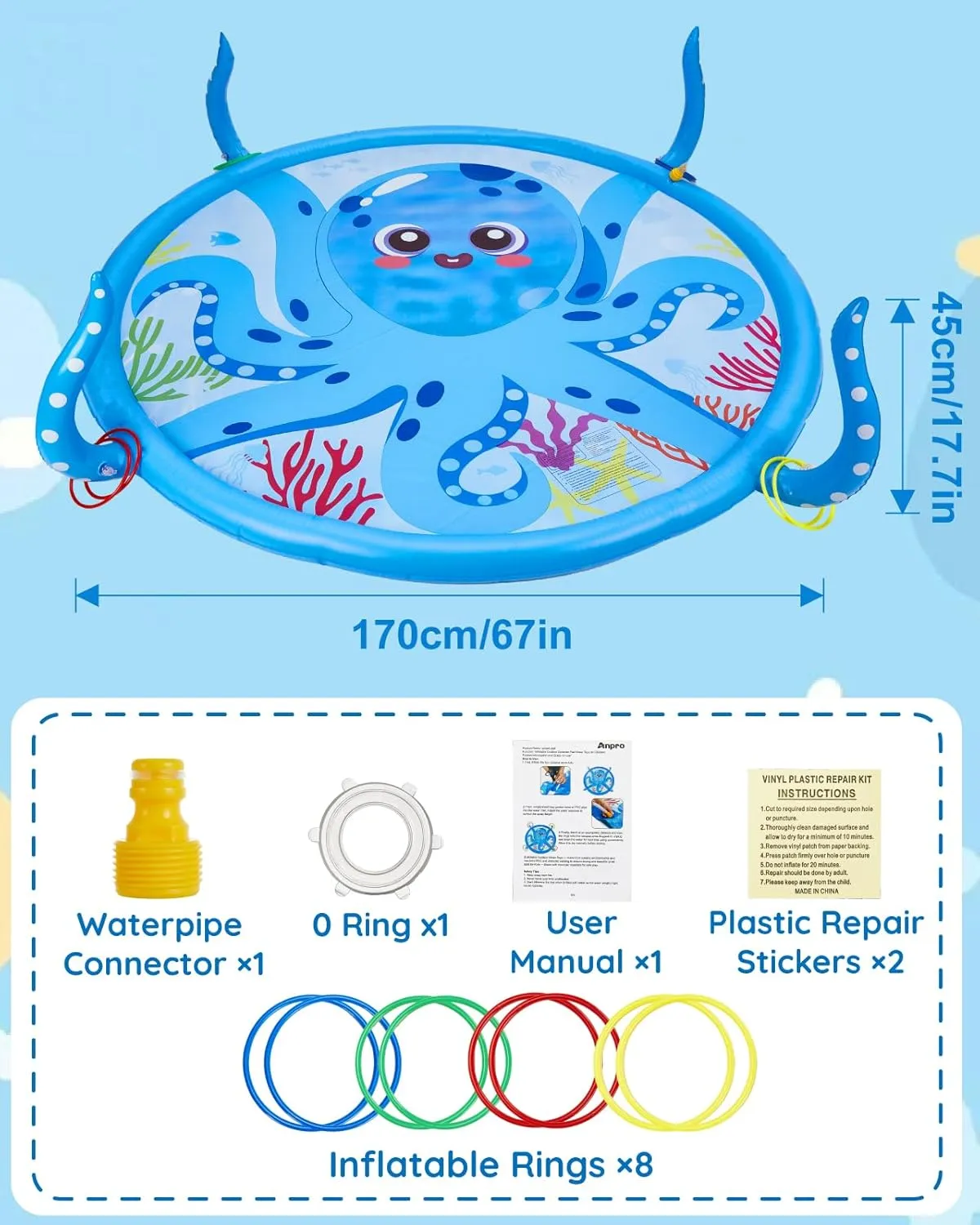 for Kids - 67???? Large Splash Play Mat,Inflatable Kids Splash Pad deceive brace excess seasoning W/4 Tentacles,8-Pack Inflatable Pool Rings Outdoor Water Toys for Fun Backyard Fountain Play Mat Girls Boys Splash Pad Sprinkler 