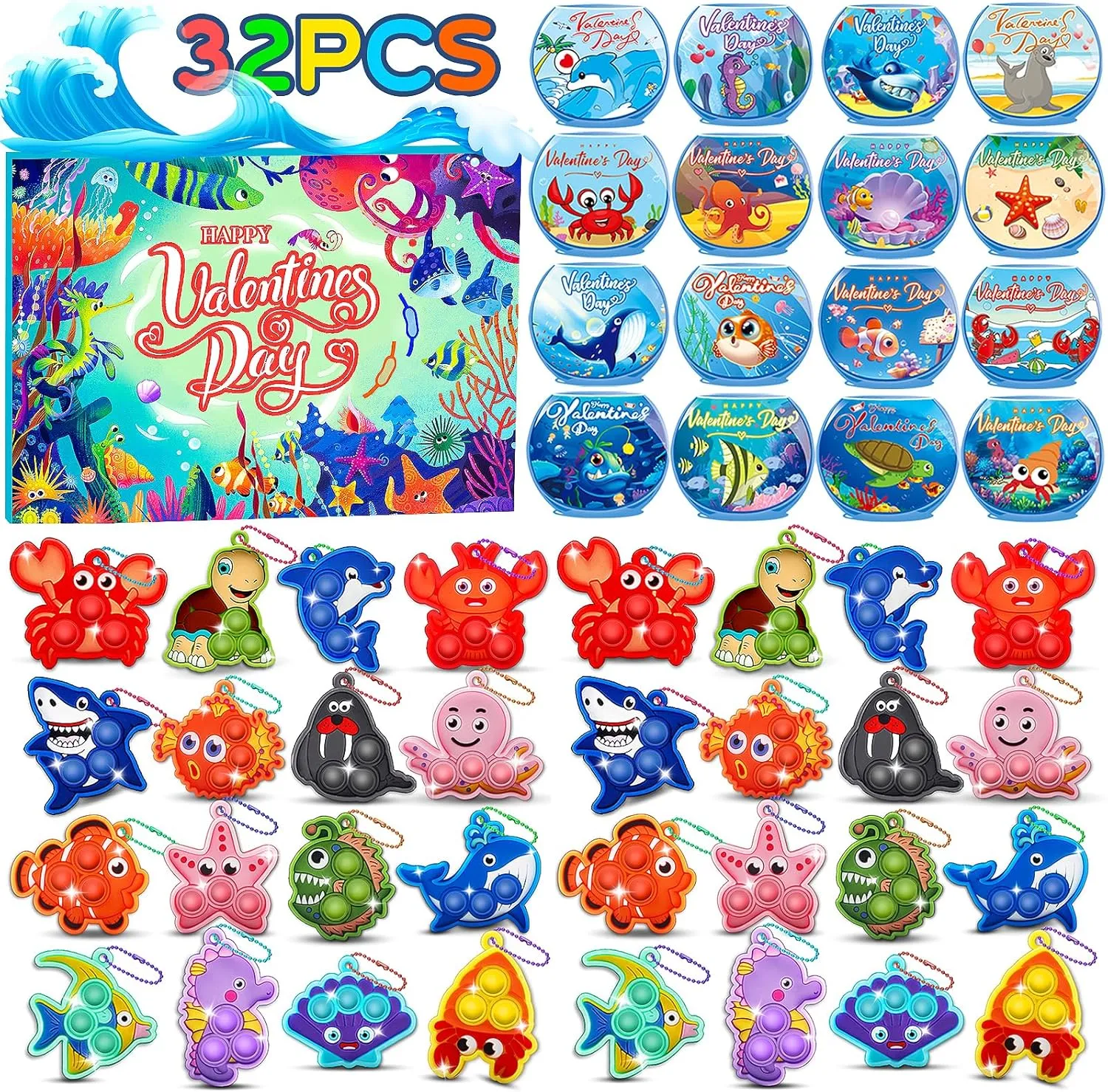 for Kids: Sea proprietorship parkway Animal Pop Fidget Toys$ Valentines Cards$ Party Favors Kiss Monkey 32 PCS Valentines Day Gifts 