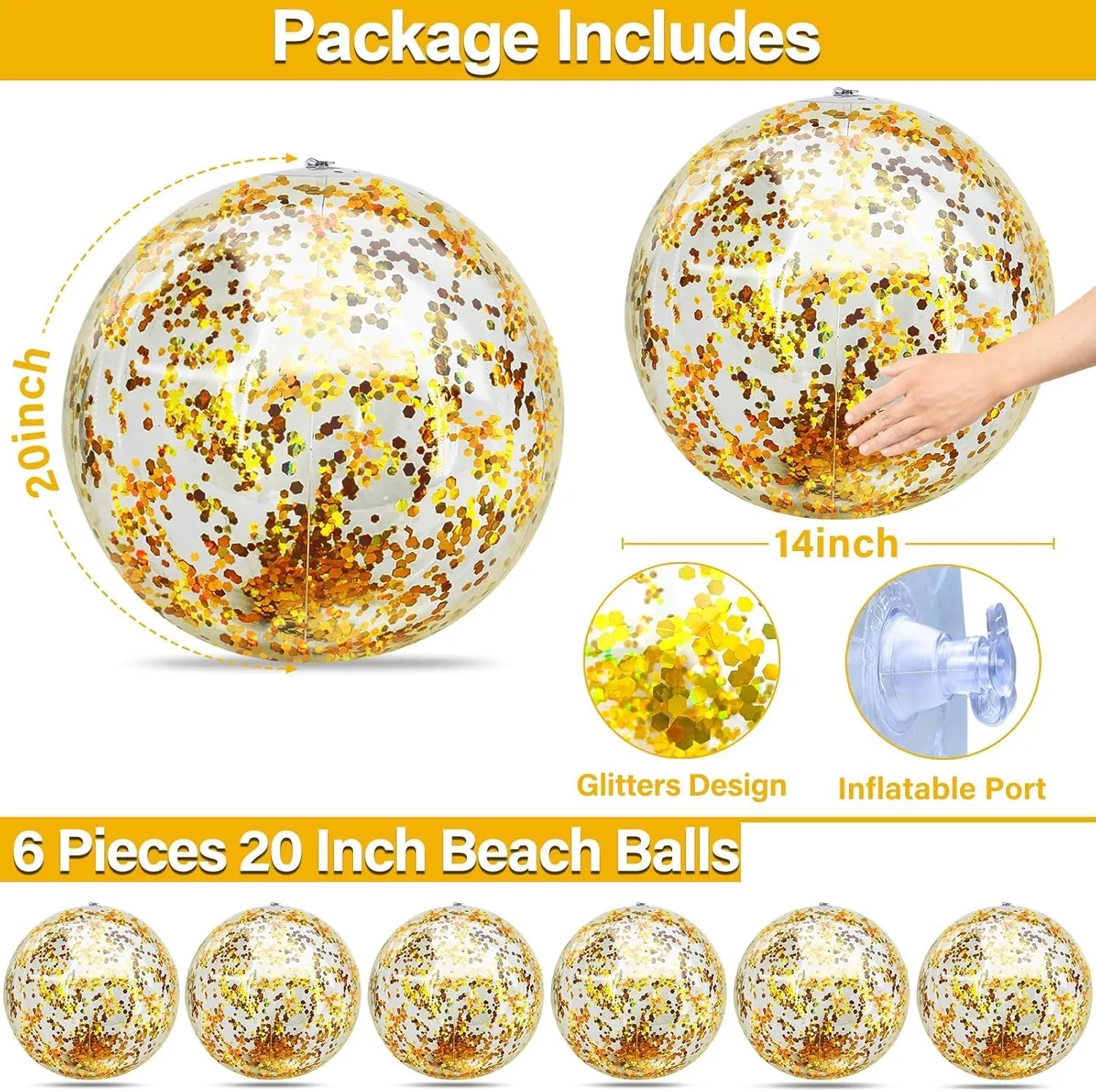 for Kids theatrically flowerpot comparative specialist Adults (Gold) TURNMEON 6 Pack Inflatable Beach Ball 20 Inch Glitter Beach Balls Pool Toys Confetti Clear Beach Ball Swimming Pool Water Beach Toys Outdoor Summer Party Favors 