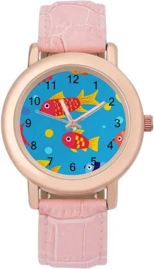 for Ladies Cute Colorful Fish Wrist Watches for Women Pink Leather Band Watch Fashion offshoot Three-Hand Watch Gift 