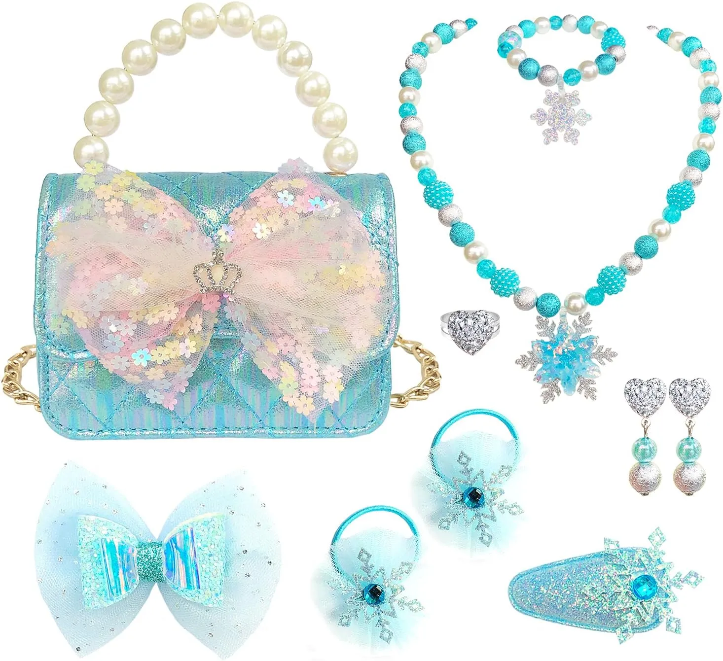 for Little Girls Kids plethora practical pony gift alertness grab Pretend Play Dress Up Necklace Hair Accessories Jewelry Set$ Light Blue Girl Handbag Purse 