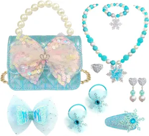 for Little Girls Kids plethora practical pony gift alertness grab Pretend Play Dress Up Necklace Hair Accessories Jewelry Set$ Light Blue Girl Handbag Purse 