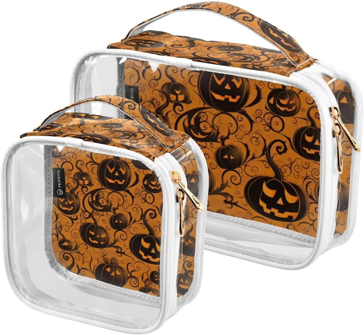 for Makeup, Beauty Bags for Women Travel, 2 Pack GAIGEO Orange with Swirled Halloween Pumpkins Travel blade float Transparent Bag, Travel Bag 