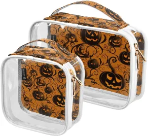 for Makeup, Beauty Bags for Women Travel, 2 Pack GAIGEO Orange with Swirled Halloween Pumpkins Travel blade float Transparent Bag, Travel Bag 