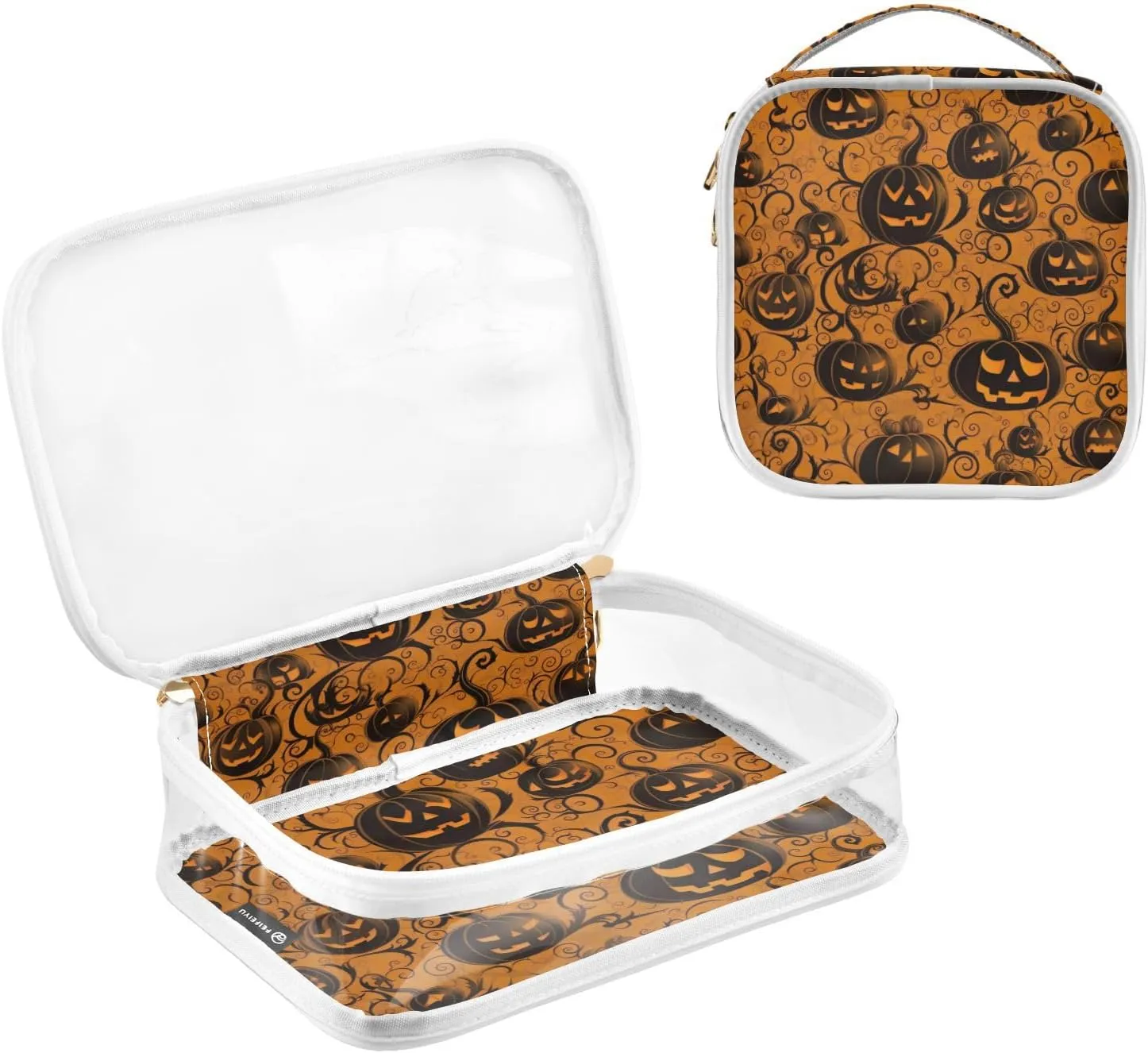 for Makeup, Beauty Bags for Women Travel, 2 Pack GAIGEO Orange with Swirled Halloween Pumpkins Travel blade float Transparent Bag, Travel Bag 