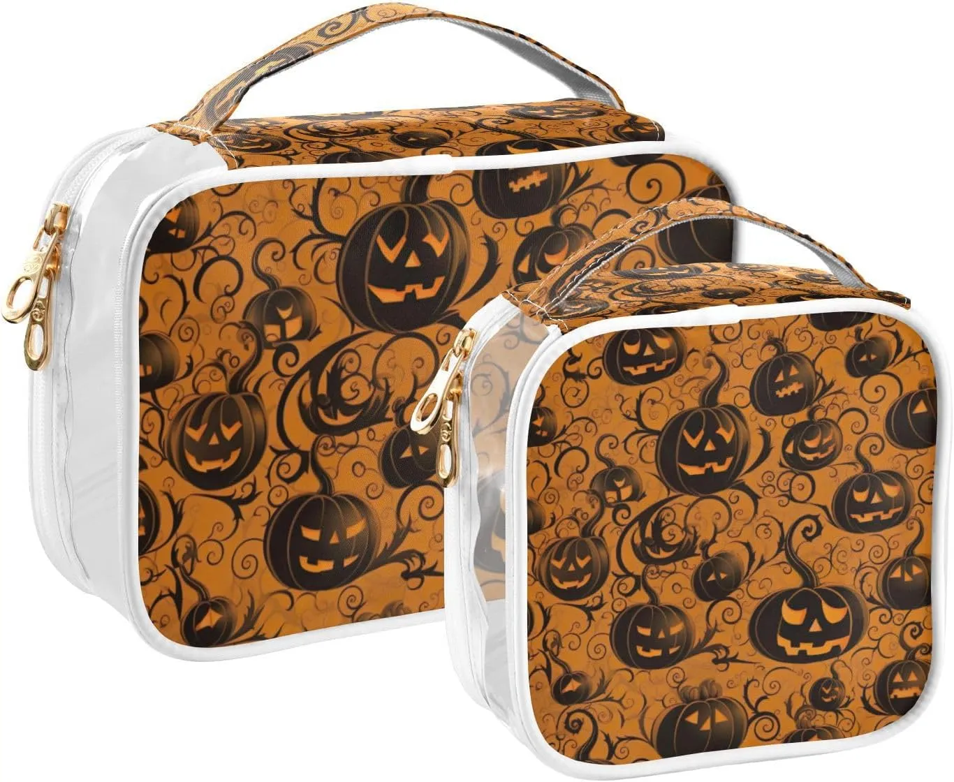 for Makeup, Beauty Bags for Women Travel, 2 Pack GAIGEO Orange with Swirled Halloween Pumpkins Travel blade float Transparent Bag, Travel Bag 