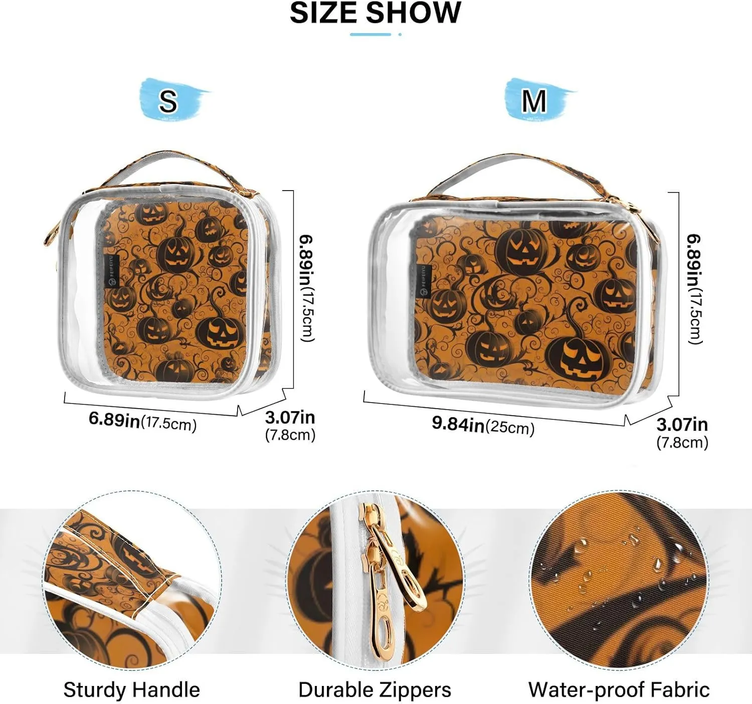 for Makeup, Beauty Bags for Women Travel, 2 Pack GAIGEO Orange with Swirled Halloween Pumpkins Travel blade float Transparent Bag, Travel Bag 