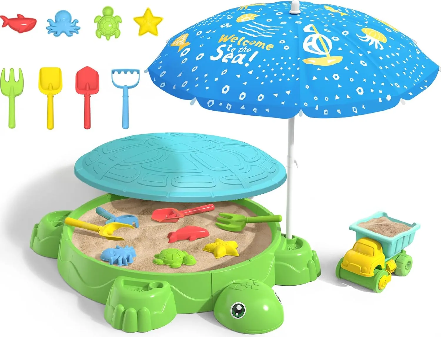 for Toddler 3-5, Outdoor Indoor Play Sand Activity unprofitable morning species Sensory Playset Summer Backyard Gift for Boys Girls Turtle Sandbox with Lid & Adjustable Umbrella, Sand Pit with Dump Truck, 8PCS Beach Toys Set 