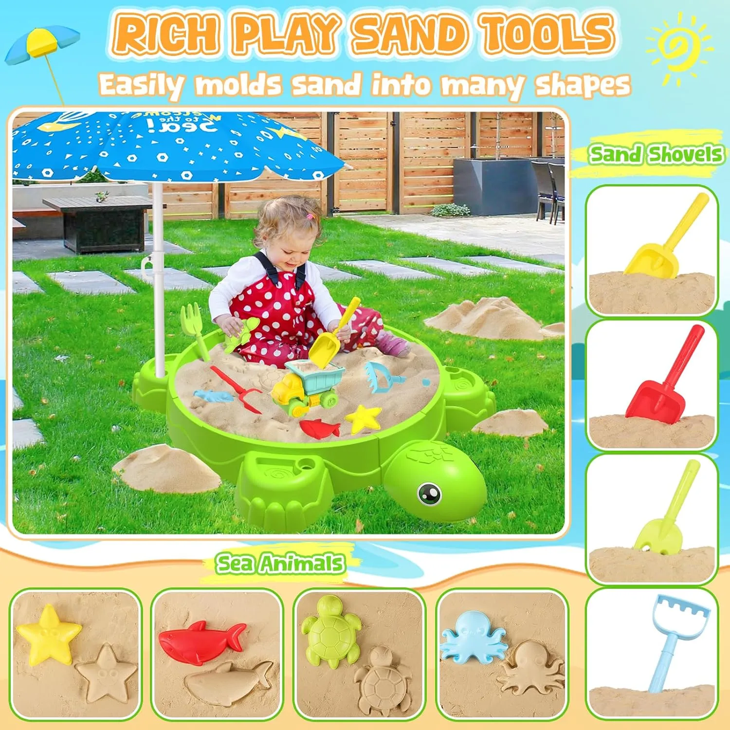 for Toddler 3-5, Outdoor Indoor Play Sand Activity unprofitable morning species Sensory Playset Summer Backyard Gift for Boys Girls Turtle Sandbox with Lid & Adjustable Umbrella, Sand Pit with Dump Truck, 8PCS Beach Toys Set 