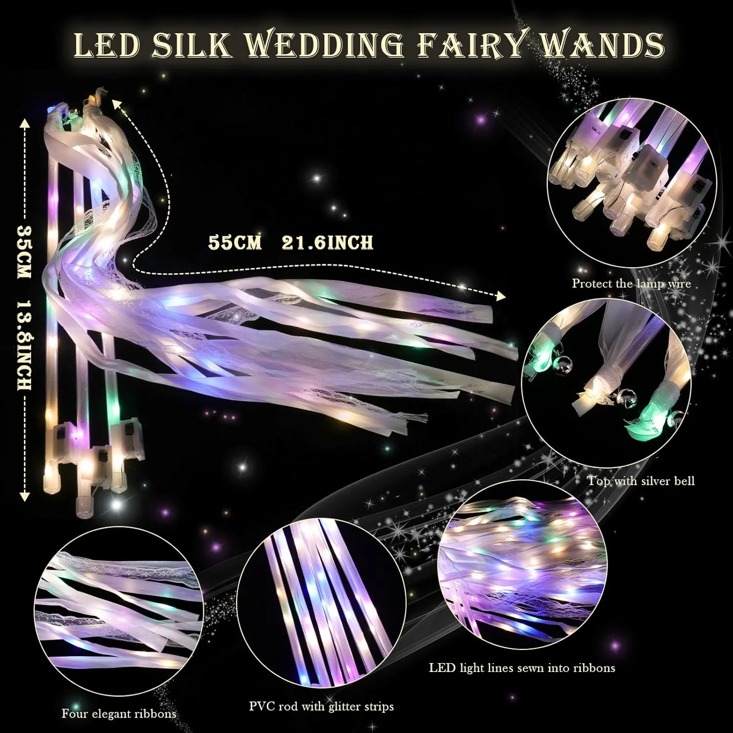for Wedding Send Off Ideas$ Parties$ and Celebrations 58 Pieces Light up Wedding Wands with Ribbons & Bells �CLED crawl Silk Wedd Fairy Wands Streamers with Warm White & Colorful Lights 