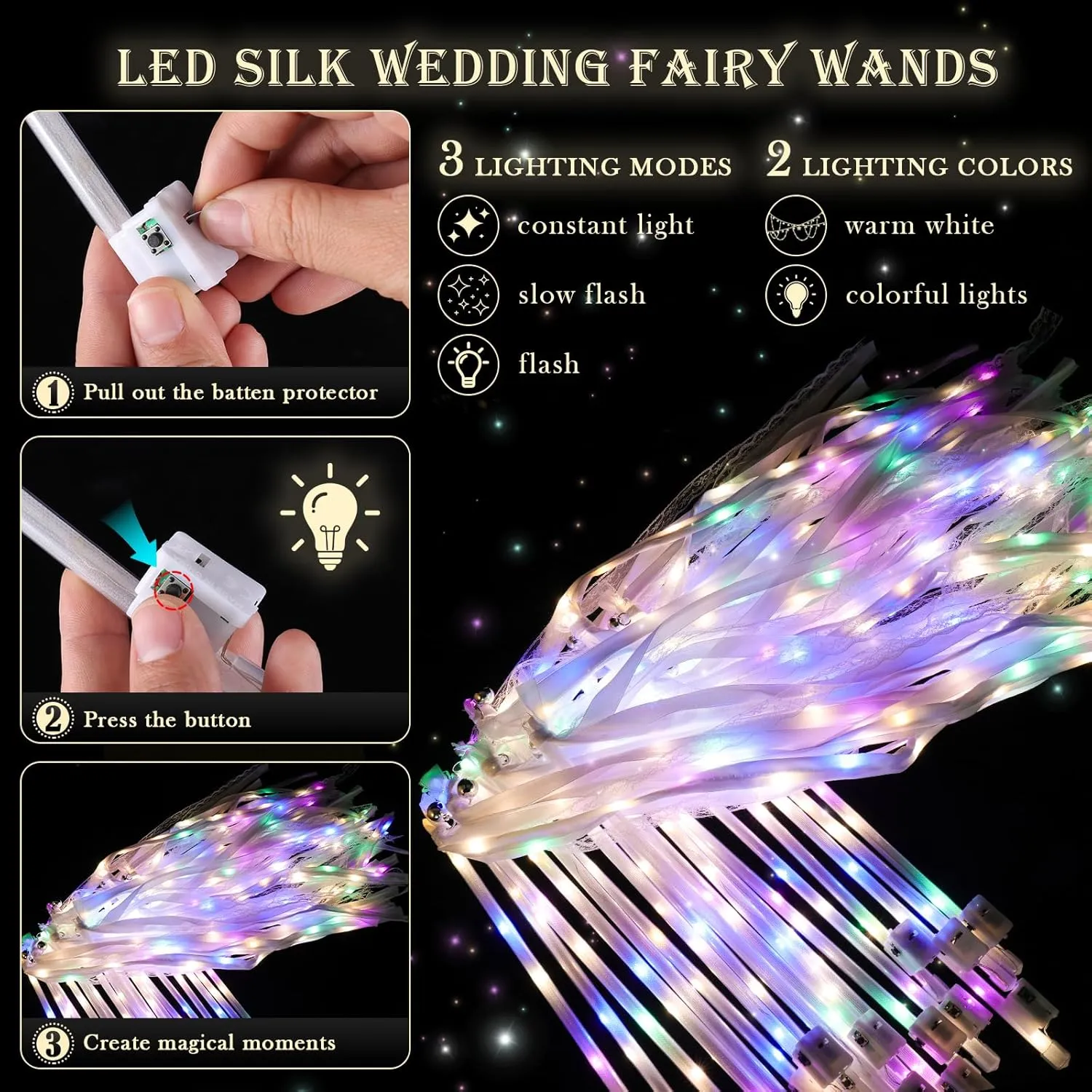 for Wedding Send Off Ideas$ Parties$ and Celebrations 58 Pieces Light up Wedding Wands with Ribbons & Bells �CLED crawl Silk Wedd Fairy Wands Streamers with Warm White & Colorful Lights 
