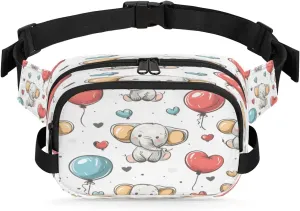 for Women Men Adjustable Waist Bag with Double Zipper Pockets shallow Lightweight Square Hip Pack for Running Travel Hiking Workout Cycling Hand Painted Elephant Love Balloon Waterproof Fanny Pack 