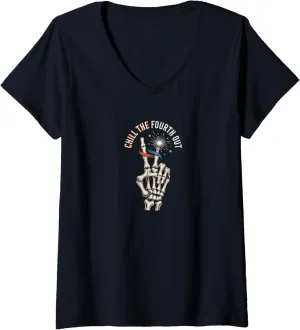 Fourth Out eukaryote Skeleton Sparkler Funny Hand Victory V-Neck T-Shirt Womens Chill the 