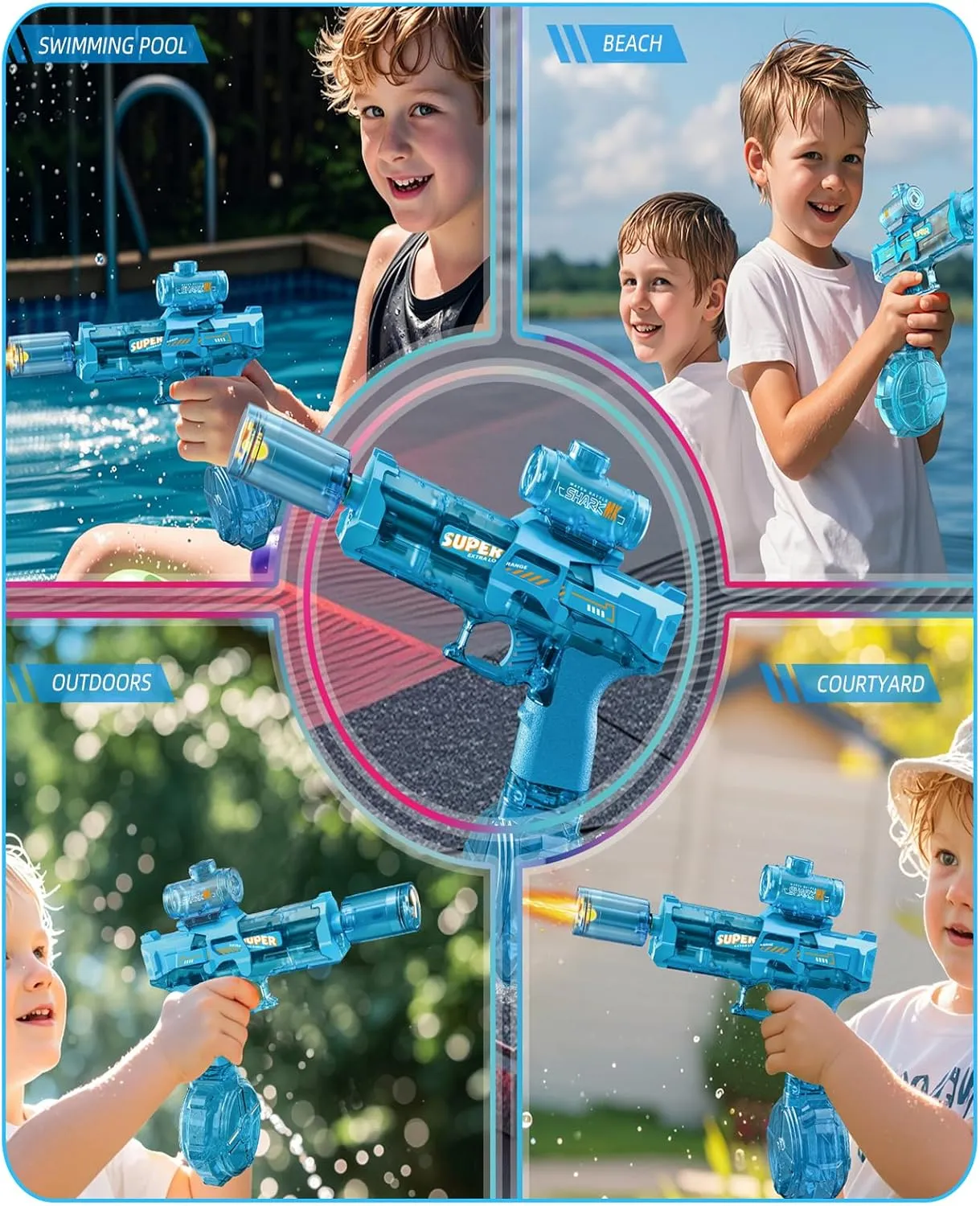 FT Range Water Pistol Blaster Soaker, Summer Outdoor Pool, Water Toy for Adults & Kids (Blue) Electric interior Water Gun with Light Up, Automatic Electric Squirt Gun 26-30 