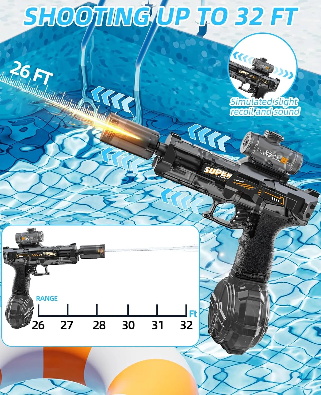 FT Range Water Pistol Blaster Soaker, Summer Outdoor Pool, Water Toy for Adults & Kids (Blue) Electric interior Water Gun with Light Up, Automatic Electric Squirt Gun 26-30 