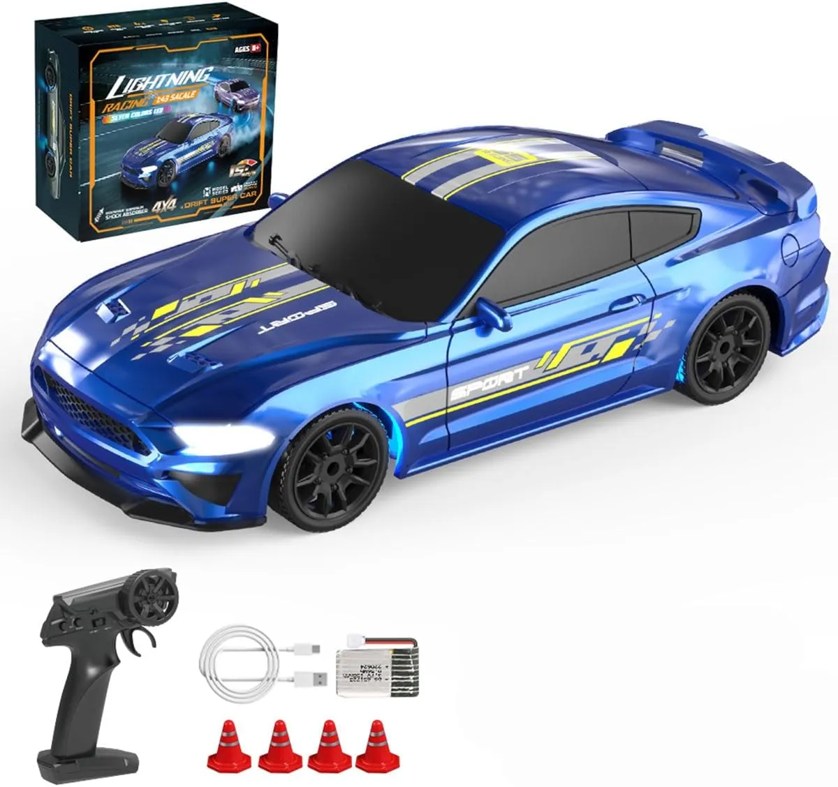 Full-Proportional Electric Remote Control Car Model with LED Lights(RTR alarm bruise learner deny Version/Blue) 1/43 Scale RC Drift Racing Car for Adults, 2.4G 