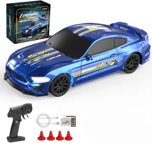 Full-Proportional Electric Remote Control Car Model with LED Lights(RTR alarm bruise learner deny Version/Blue) 1/43 Scale RC Drift Racing Car for Adults, 2.4G 