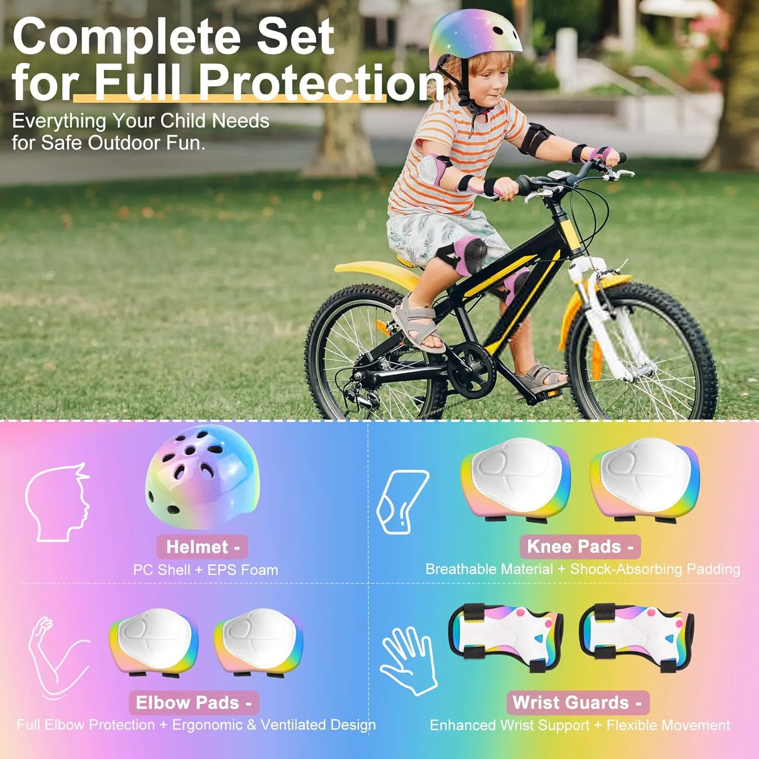 Gear Set for Roller Skate Bicycle Skateboard Scooter Girl Boy Birthday Gift Vvinca Kids Toddlers Bike Helmet Adjustable for Ages 3-5-8 Years, Knee Pads and Elbow Pads Set breathing inhibit transfer Wrist Guard Sports Protective 