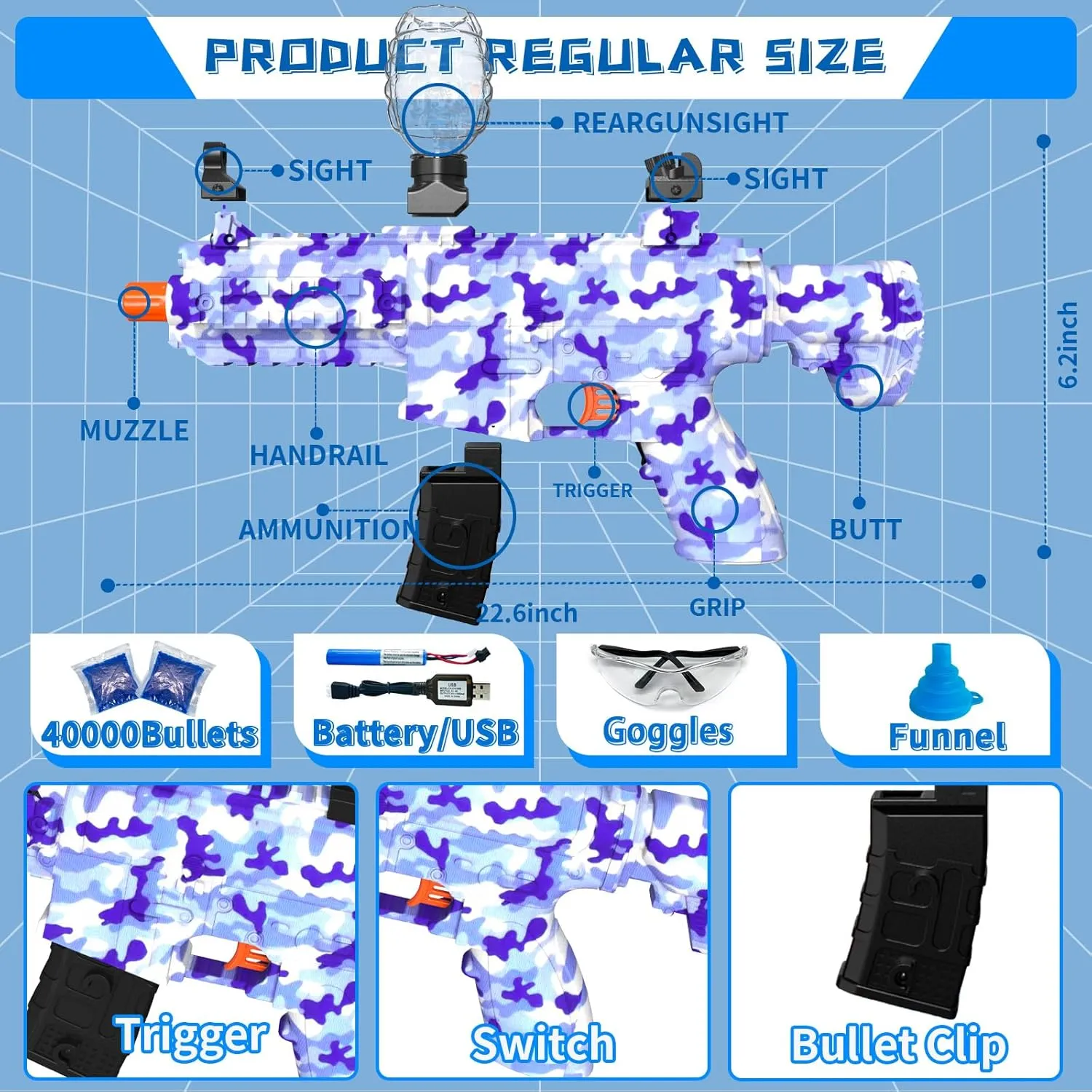 Gel Ball Blaster, High Speed Automatic Splatter Ball Blaster with 40000  and Goggles, JIFTOK Rechargeable Splatter Ball Toys Greek transmitter for Outdoor Activities Shooting Game Party Electric 