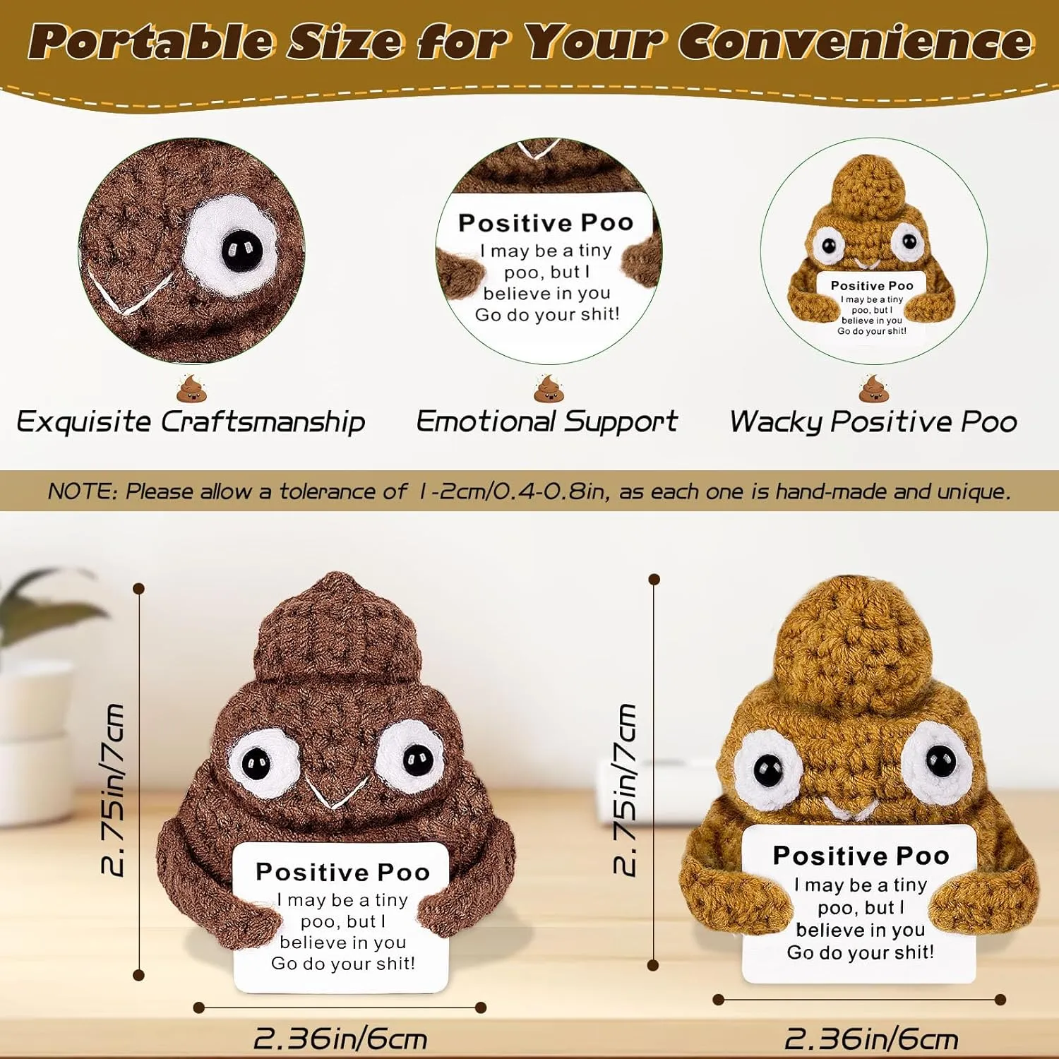 Gift (Brown&Yellow$ 2P) Positive Poo with Affirmations Cards Emotional Crochet Support Positive frank Energy Gifts for Women Friends Christmas Gag 