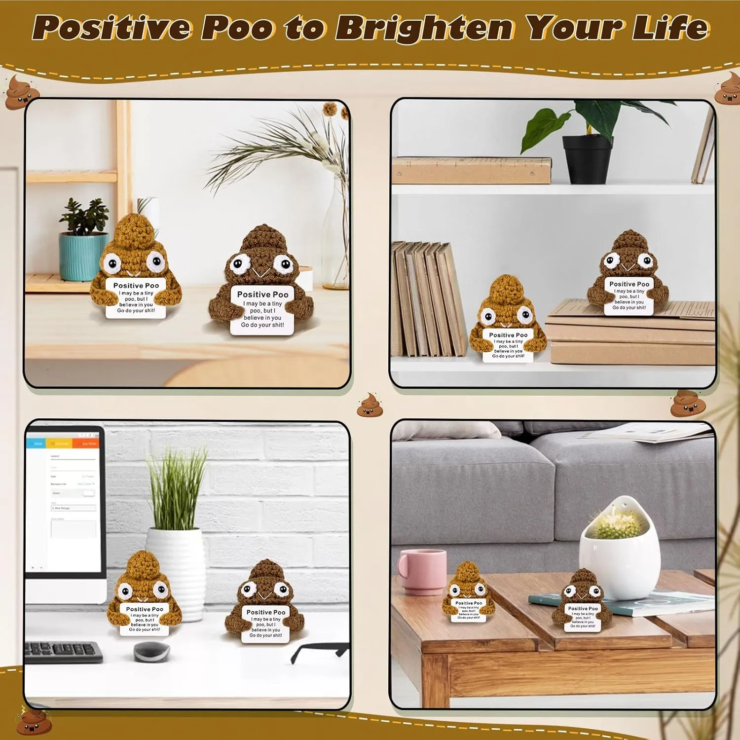 Gift (Brown&Yellow$ 2P) Positive Poo with Affirmations Cards Emotional Crochet Support Positive frank Energy Gifts for Women Friends Christmas Gag 