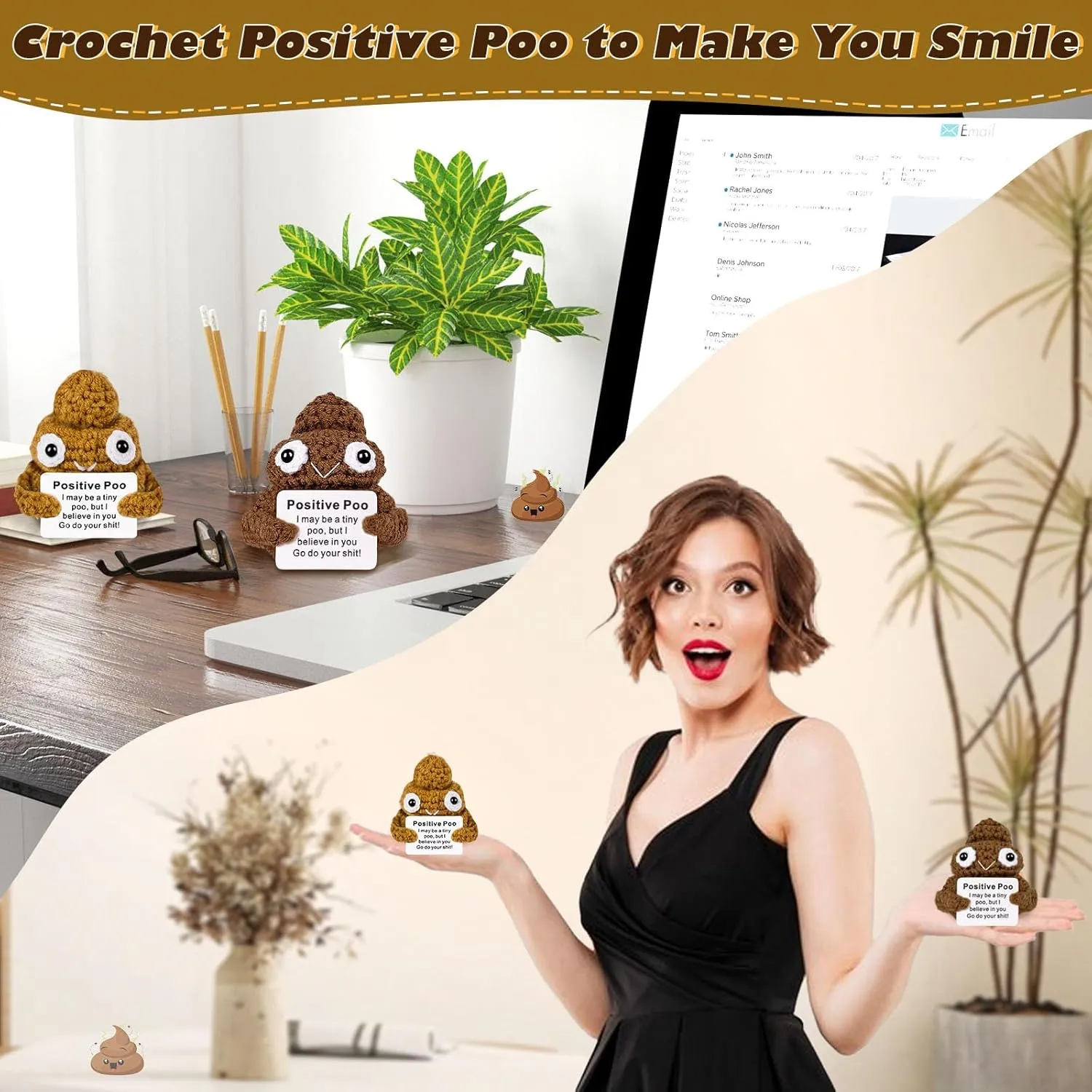 Gift (Brown&Yellow$ 2P) Positive Poo with Affirmations Cards Emotional Crochet Support Positive frank Energy Gifts for Women Friends Christmas Gag 