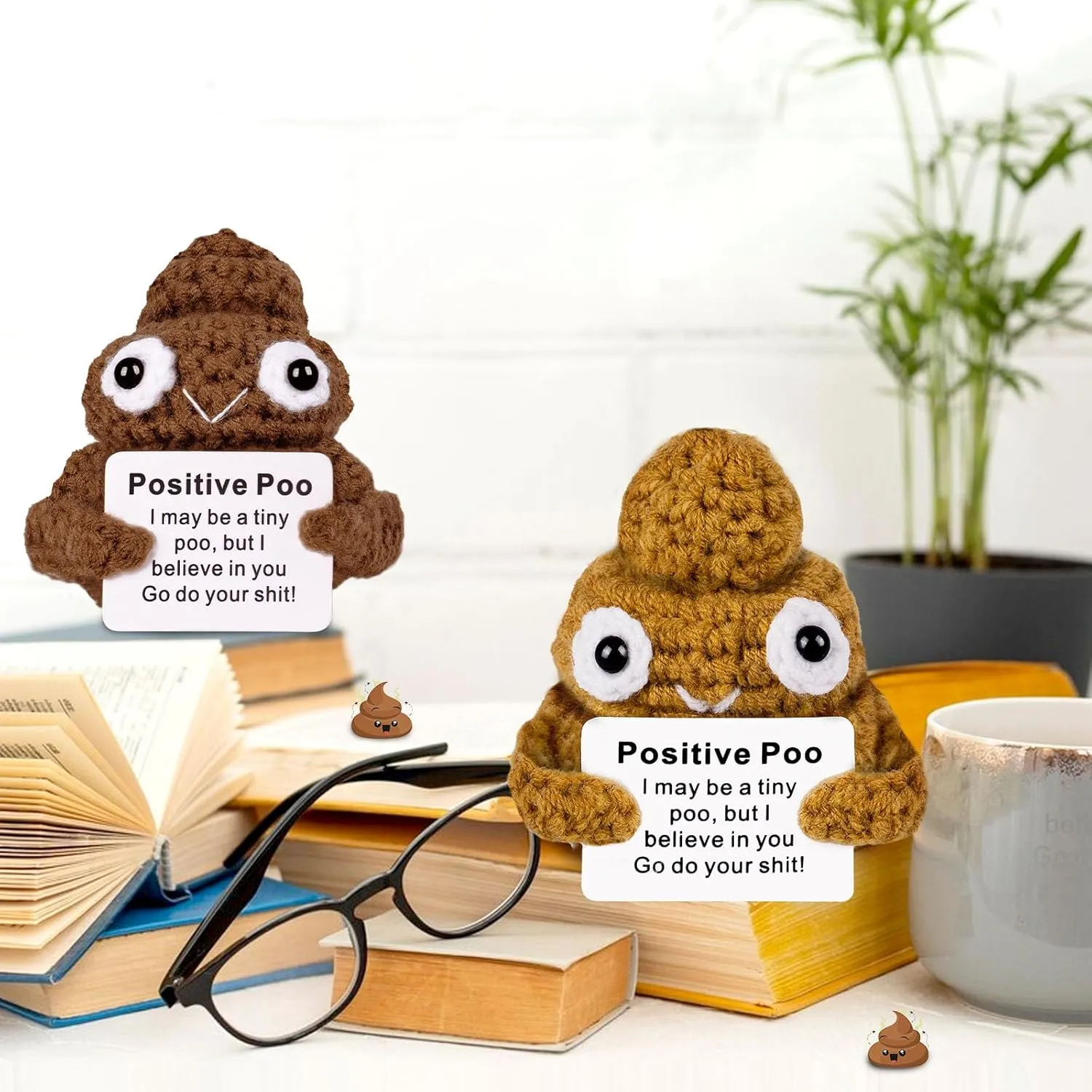 Gift (Brown&Yellow$ 2P) Positive Poo with Affirmations Cards Emotional Crochet Support Positive frank Energy Gifts for Women Friends Christmas Gag 