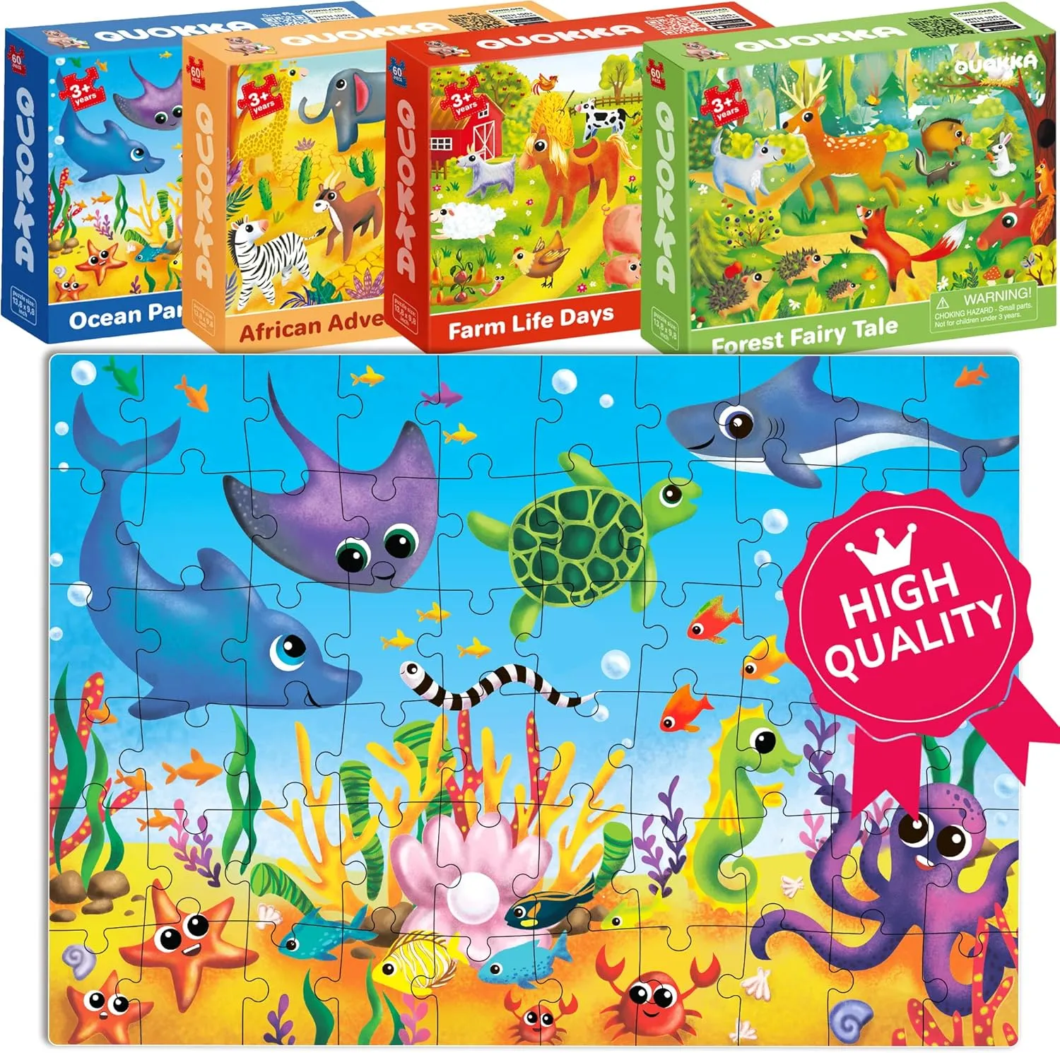 Gift Educational Game for Boys & Girls QUOKKA Puzzles for Kids Ages 4-6 - Set of 4x60 Jigsaw rhythmically Puzzles for Toddlers 3-5 - Animals Toys for Children 6-8 yo - 