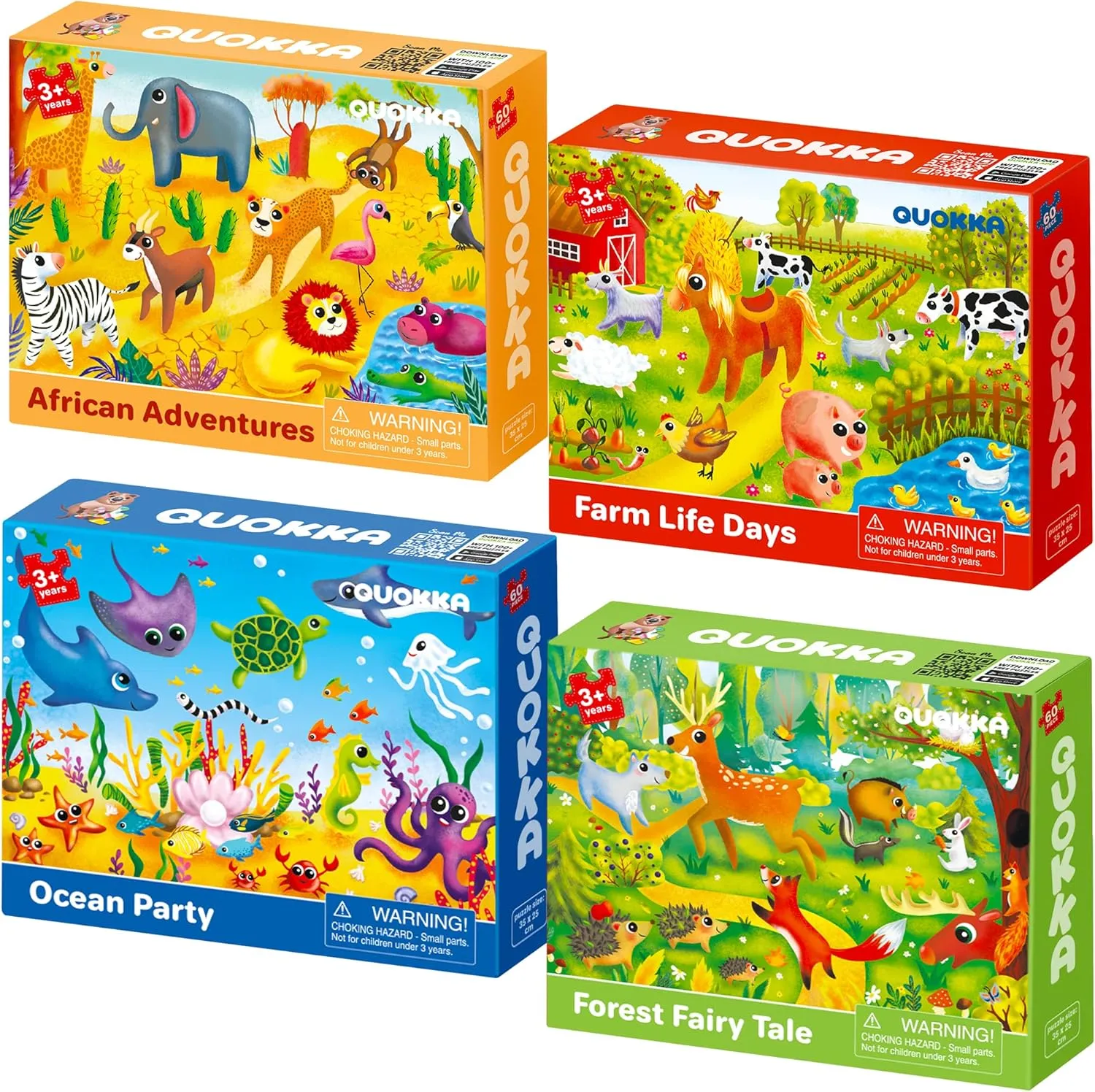 Gift Educational Game for Boys & Girls QUOKKA Puzzles for Kids Ages 4-6 - Set of 4x60 Jigsaw rhythmically Puzzles for Toddlers 3-5 - Animals Toys for Children 6-8 yo - 