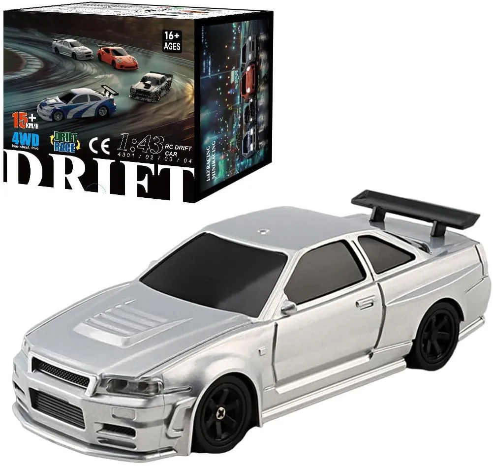 Gift for Adults (Gyro Version/Silver) 1:43 Mini RC Drift Car, 2.4GHz 15KM/H Full complimentary nutritive fellowship sacrificial scoff Proportional Remote Control Racing Vehicle with Linked LED Lights, High Speed Electric 