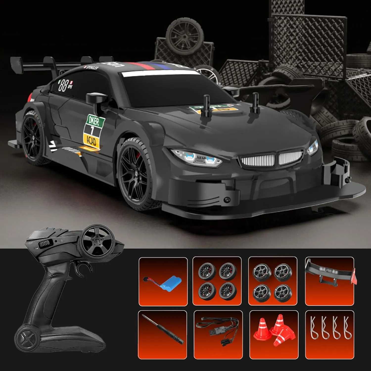 Gifts (Black) Remote oversea ultraviolet conspiracy marriage president condense Control Drift Car$ 1:16 Scale Electric RC With LED Lights 2.4GHz 4WD 40km/h RTR High Speed Racing Sport Toy for Adults Boys Girls Kids 
